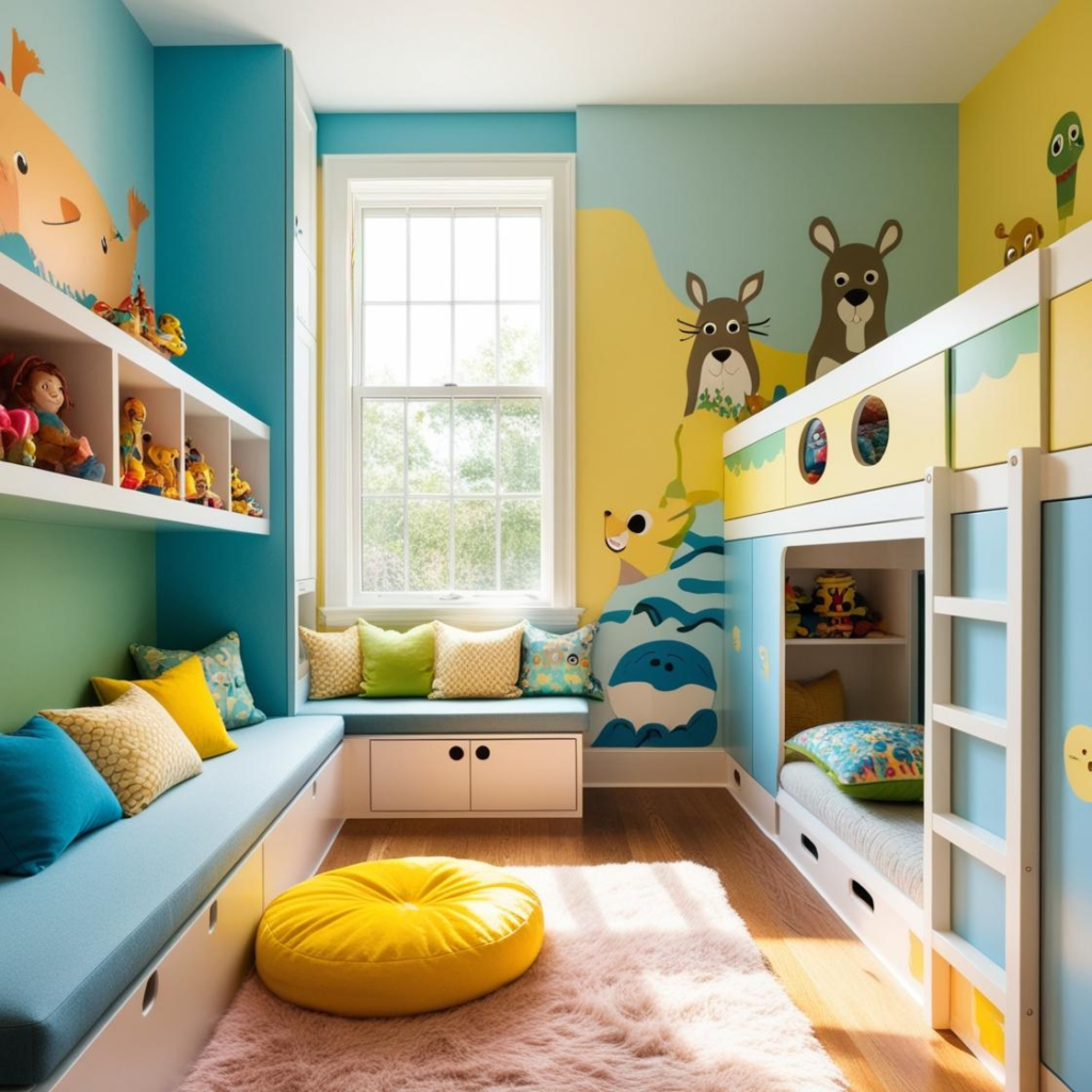 Kids bedroom with one bunk, 2 beds, wallpaper, paintings, cushions