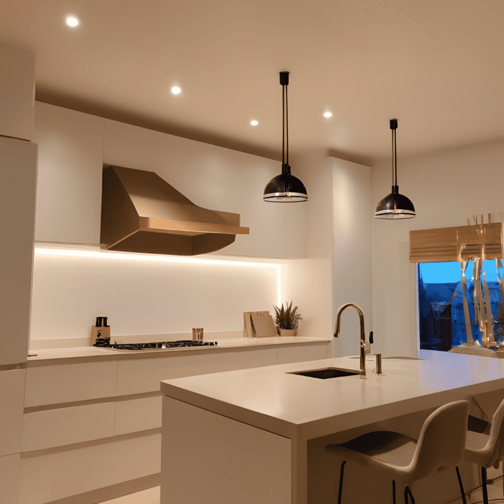 Interior Lights of a kitchen including ceiling lamp , chimney, dinning table, chair.